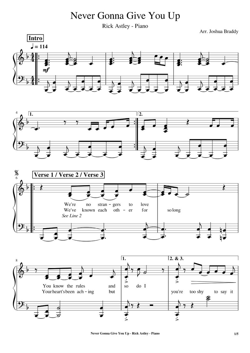 Rick Astley Never Gonna Give You Up Piano Sheet Music 3997