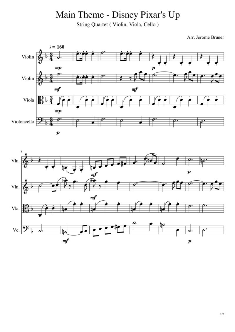 Disney Pixar's Up Main Theme String Quartet Sheet Music